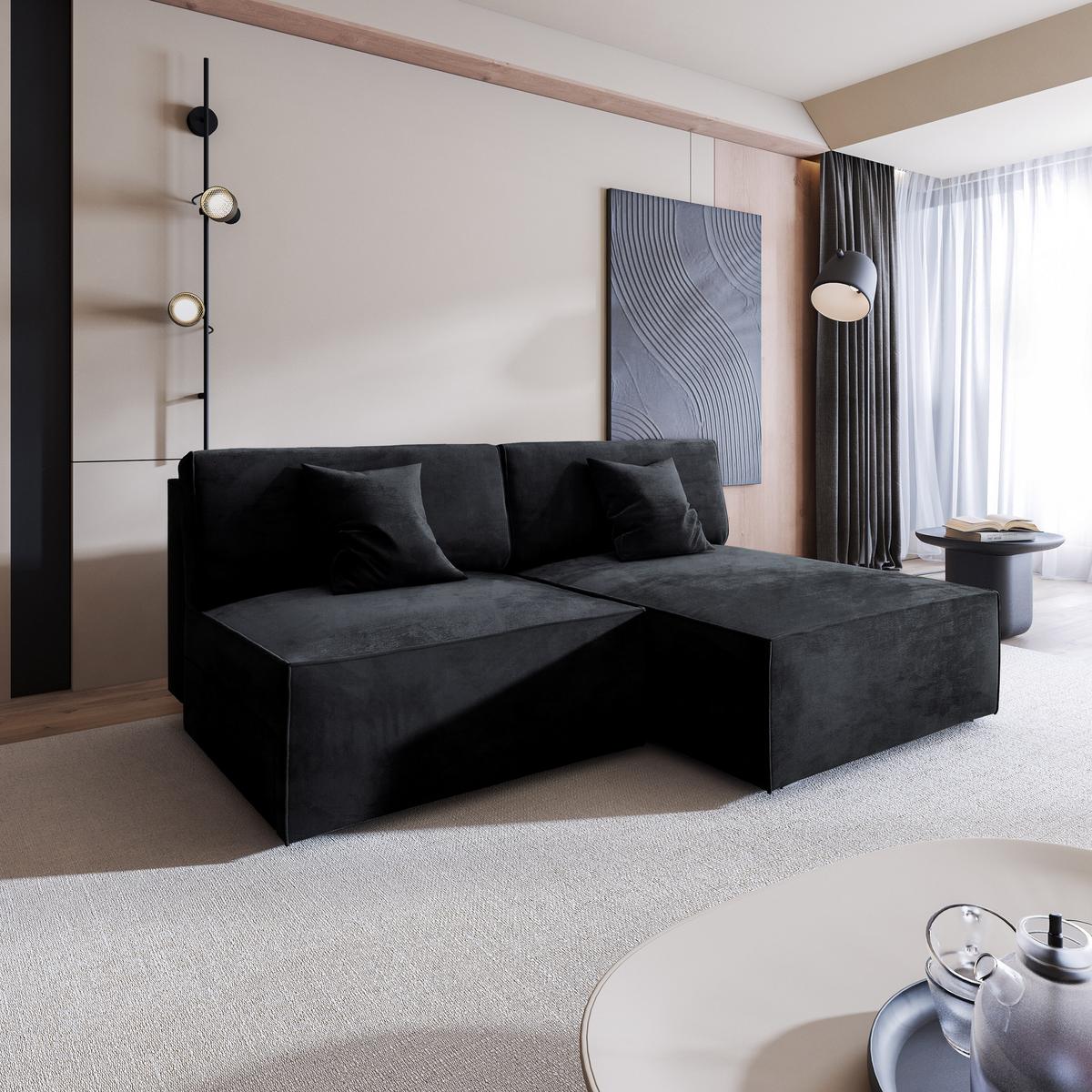 ECKSOFA FIORO M Schwarz Velours-Stoff mit Schlaffunktion - Schwarz/Grau, Holz/Kunststoff (204/148cm) - MASSENO