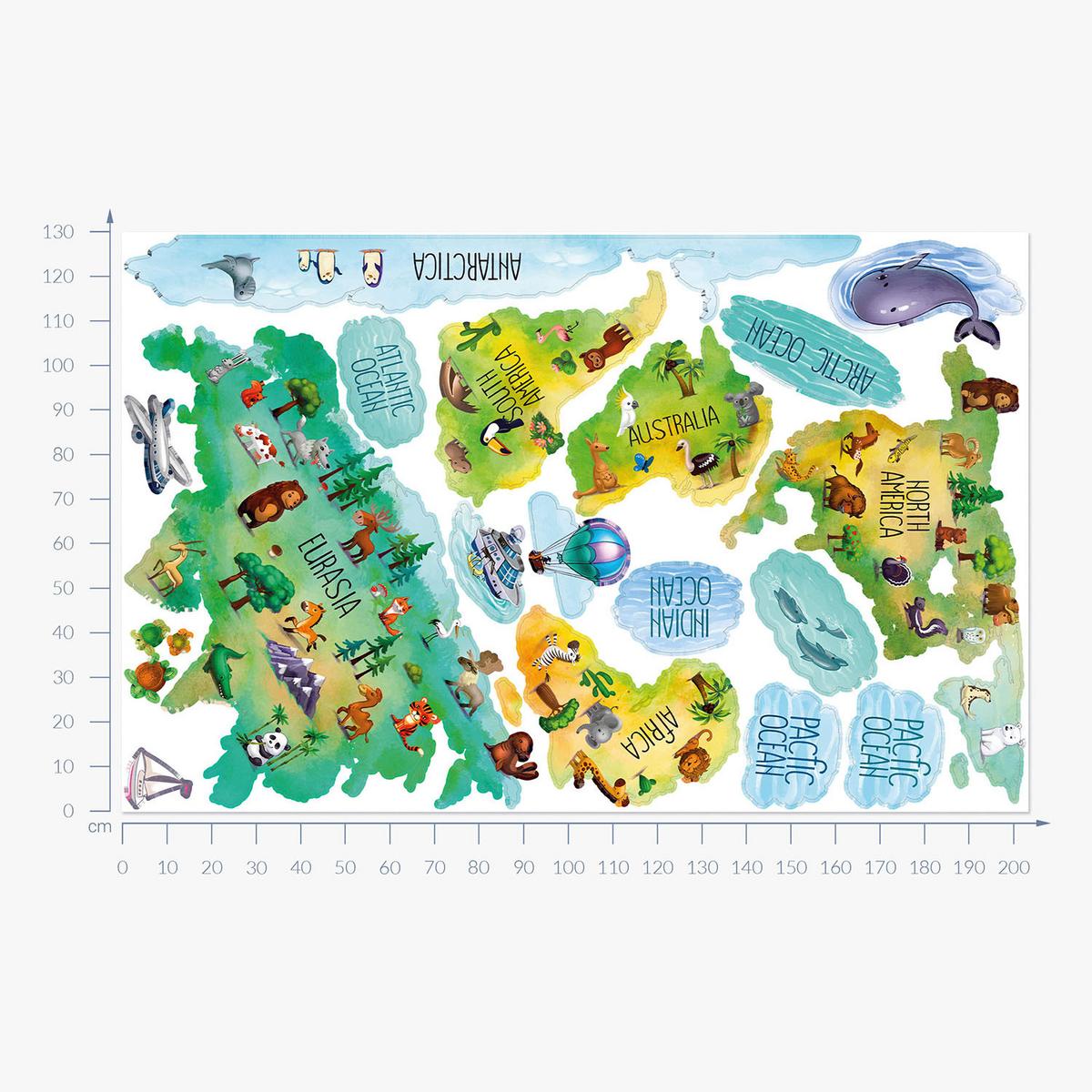 WANDAUFKLEBER 130x203cm - Bunte Weltkarte - Multicolor, Kunststoff (130/203/0.1cm) - Wallfluent