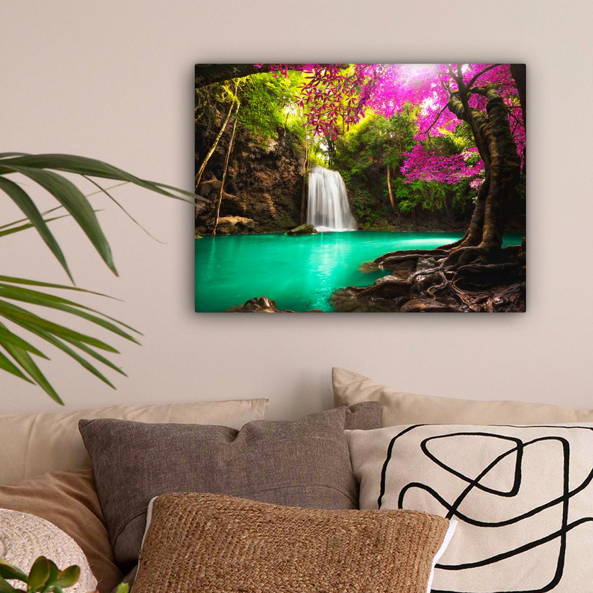 LEINWANDBILD Wasserfall mit bunten Blumen und Bäumen - Natur - Dschungel Wandbild 40x30 cm - Waldgrün, Textil (40/30cm) - MuchoWow