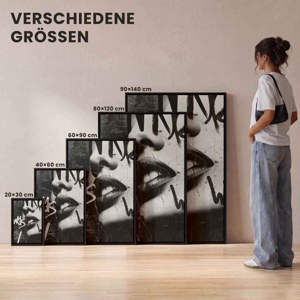 LEINWAND Bilder mit Rahmen - Gesicht - Mund - Graffiti - Schwarz - 20x30 - Schwarz, Textil (20/30cm) - MuchoWow