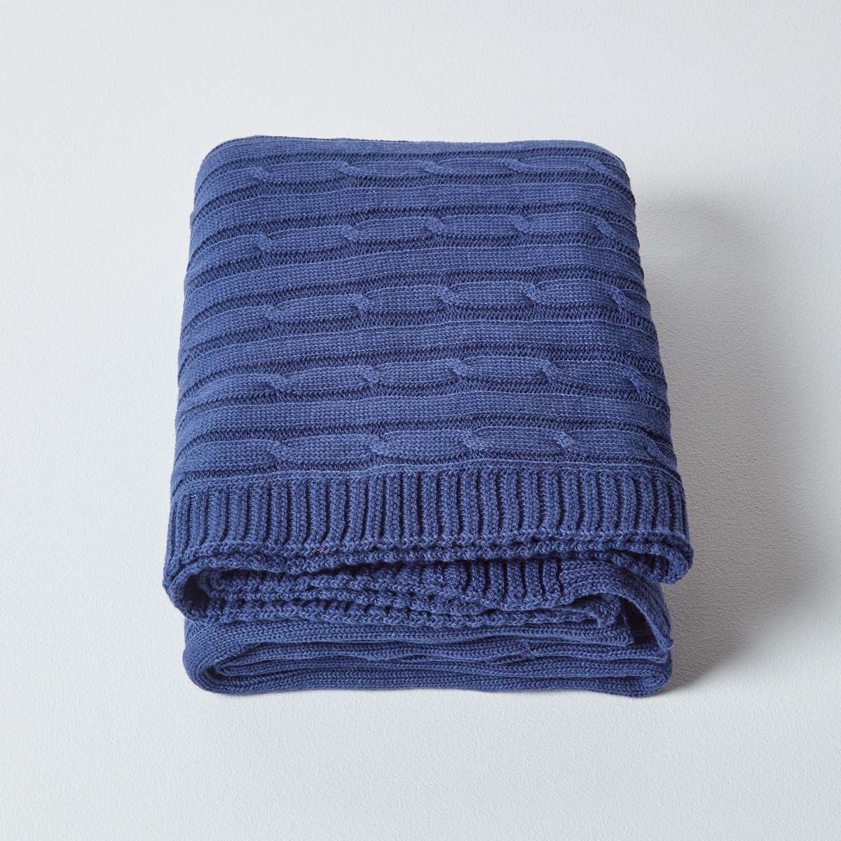 STRICKDECKE 130/170 cm, Baumwolle mit Zopfmuster - Dunkelblau, Textil (130/170cm) - Homescapes