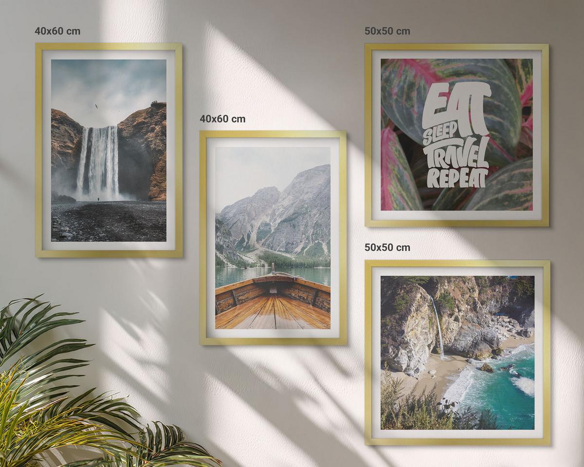 BILDER SET 4er Set - 50x50 cm & 40x60 cm Goldrahmen - Wasserfall Bergreise Natur - Goldfarben, Kunststoff (50/50cm) - TULUP