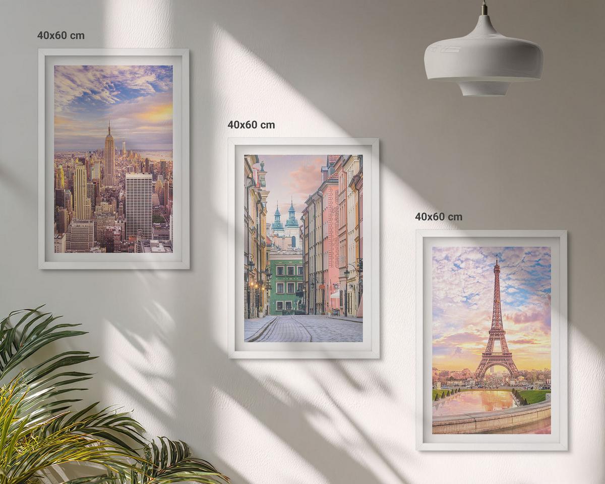 BILDER SET 3er Set - 40x60 cm Weißer Rahmen - Städte New York Paris Dämmerung - Weiß, Kunststoff (40/60cm) - TULUP