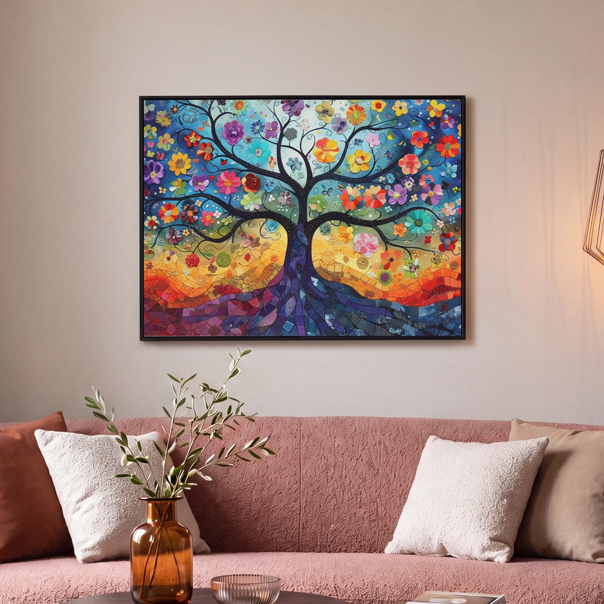 LEINWAND Bilder mit Rahmen - Kunst - Baum des Lebens - Blumen - Hippie - 70x50 - Dunkelblau, Textil (70/50cm) - MuchoWow