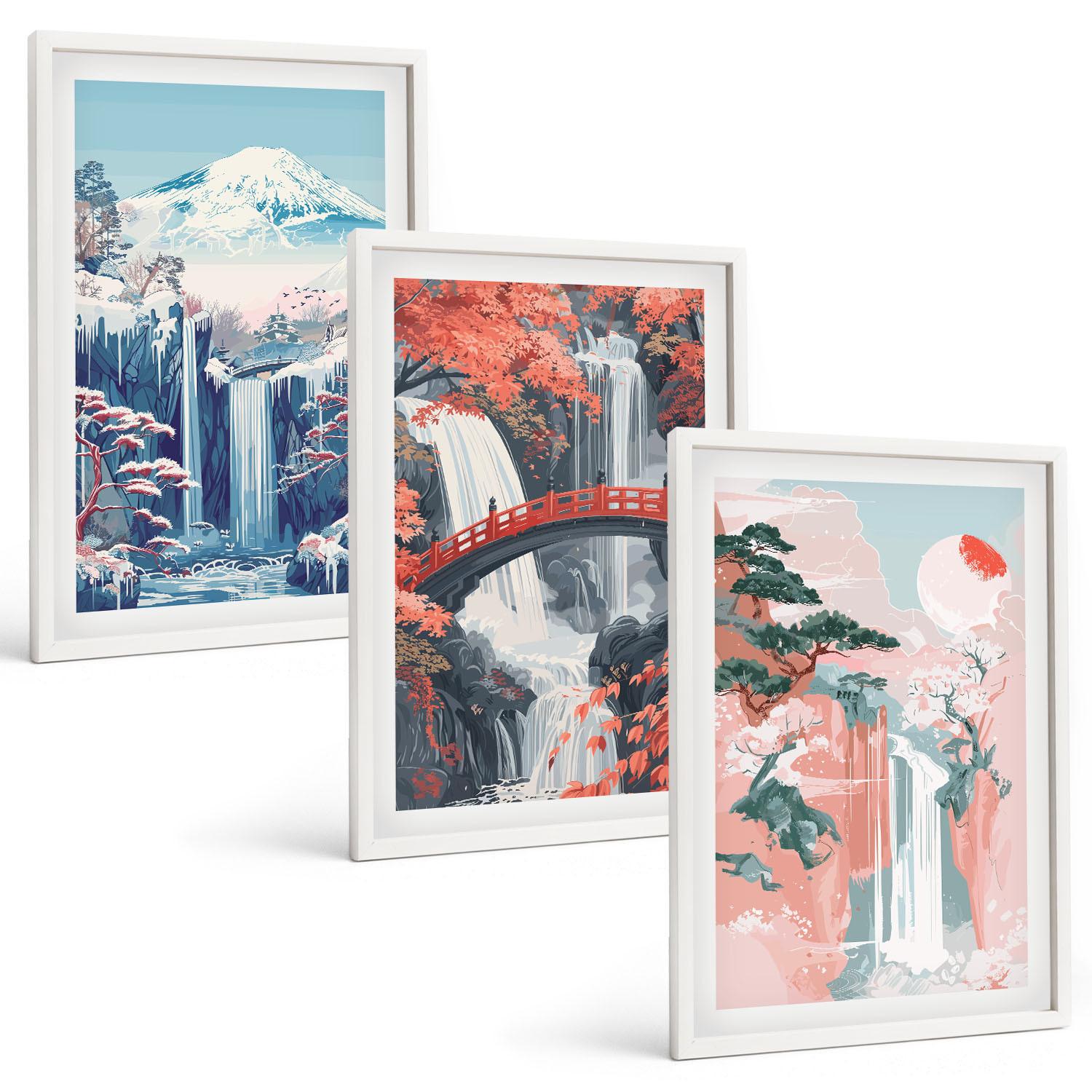 BILDER SET 3er Set - 40x60 cm Weißer Rahmen - Wasserfälle, Berge, Brücken, Bäume - Weiß, Kunststoff (40/60cm) - TULUP