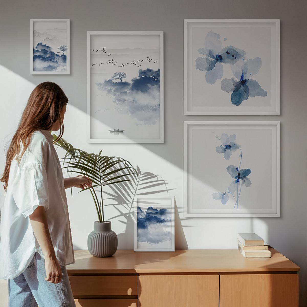 BILDER SET 5er Set - 50x50 cm & 20x30 cm & 40x60 cm Weißer Rahmen - Berge, Wolken, Bäume, Vögel im Hintergrund - Weiß, Kunststoff (40/60cm) - TULUP