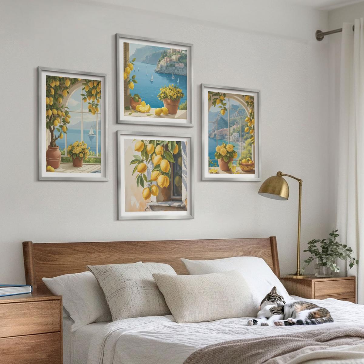 BILDER SET 4er Set - 50x50 cm & 40x60 cm Silberner Rahmen - Meereslandschaften, Zitronen, Fenster - Silberfarben, Kunststoff (50/50cm) - TULUP
