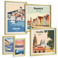 BILDER SET 5er Set - 50x50 cm & 20x30 cm & 40x60 cm Goldrahmen - Berglandschaften und Städte - Goldfarben, Kunststoff (40/60cm) - TULUP