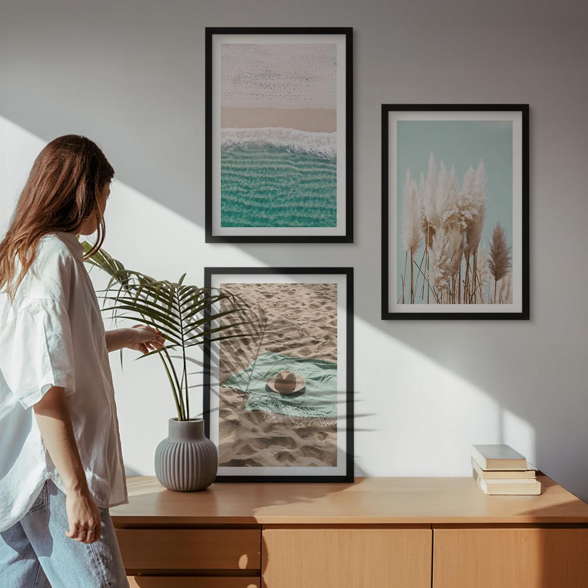 BILDER SET 3er Set - 40x60 cm Schwarzer Rahmen - Strandwellen Grashut - Schwarz, Kunststoff (40/60cm) - TULUP