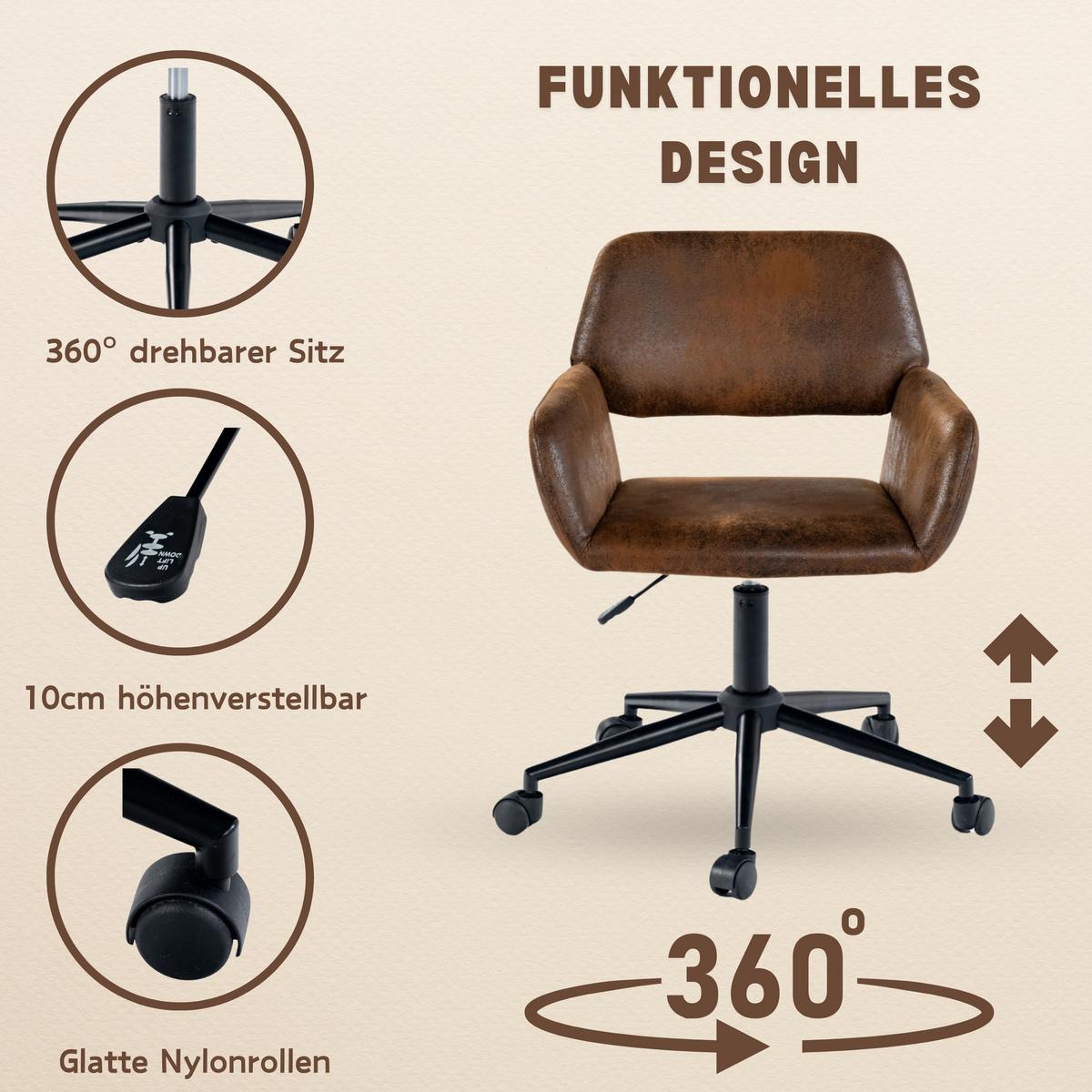 DREHSTUHL – Wildleder Optik, Höhenverstellbar und 360° drehbar - Schwarz/Braun, Textil/Metall (54/85/56cm) - Urban Meuble
