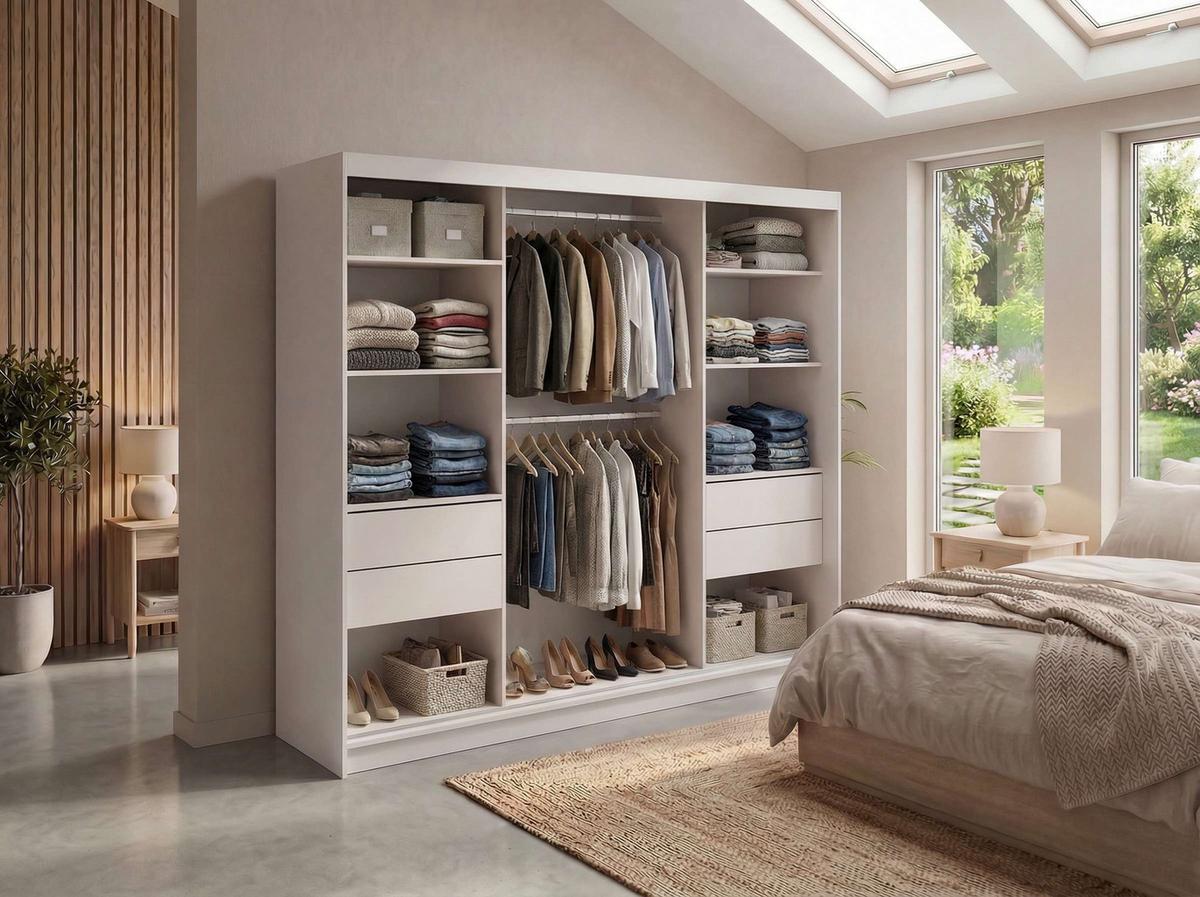 SCHWEBETÜRENSCHRANK mit Spiegel und Schubladen - WALENCJA - 240 - Kaschmir-Grau lacobel - Kaschmir/Alufarben, Holzwerkstoff/Metall (240/216/61cm) - MKS