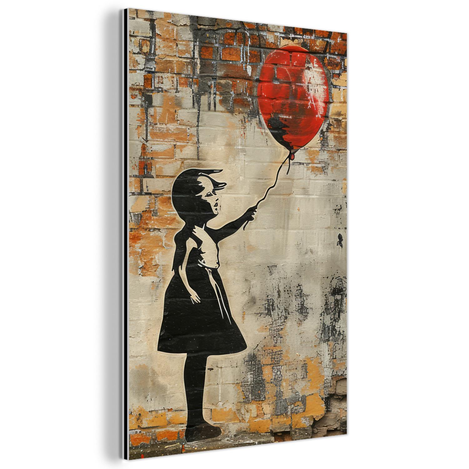 METALLBILD Graffiti - Banksy - Mädchen - Straßenkunst 80x120 cm - Sandfarben, Metall (80/120cm) - MuchoWow