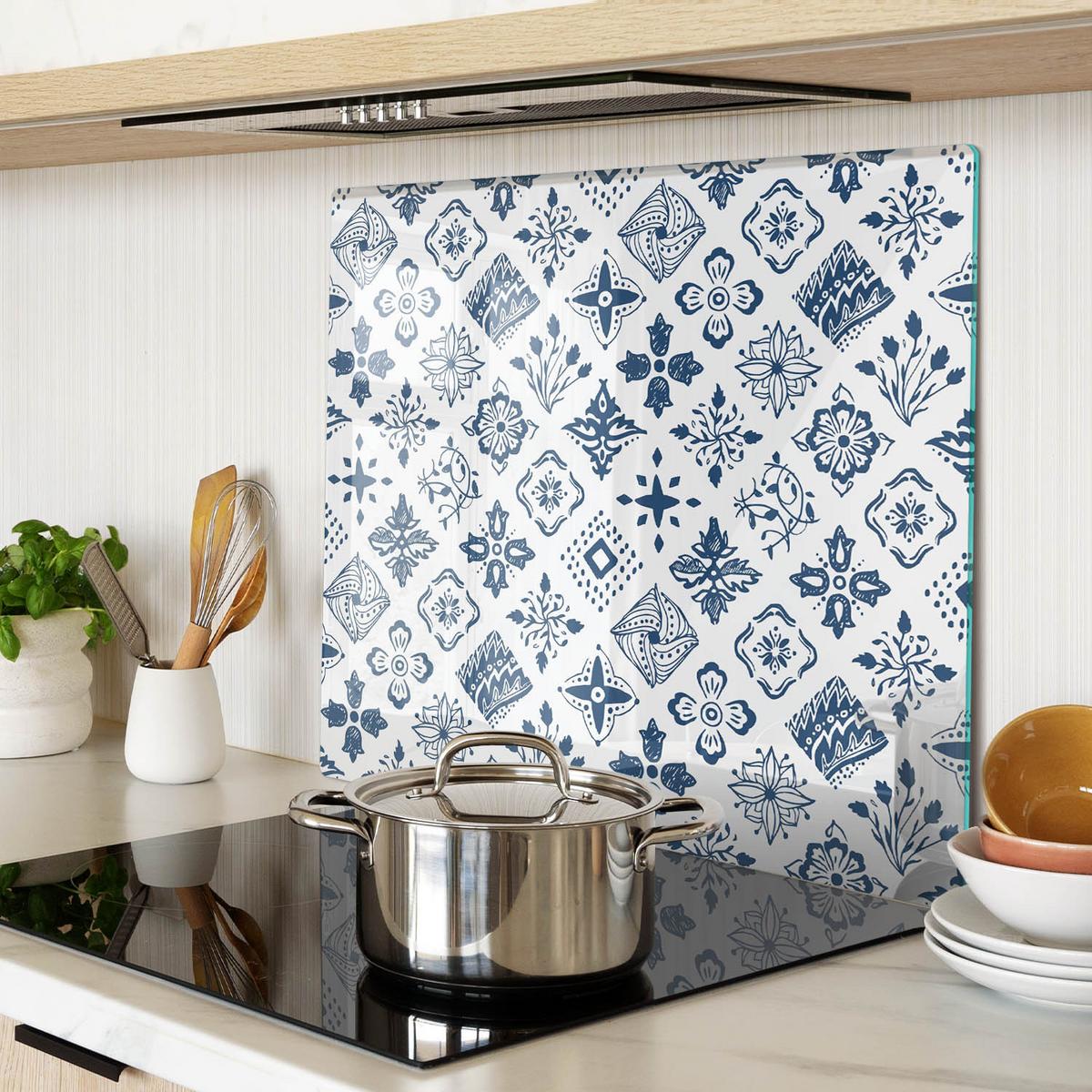 GLASPLATTE 60x52 cm Blumenmuster - Blau, Glas (60/0.4/52cm) - TULUP