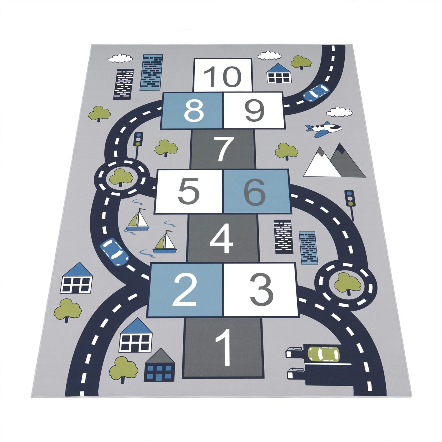 KINDERTEPPICH Waschbar, mit Zahlen‑Hüpfkästchen‑Muster, Grau, 100 x 200 cm - Grau, Textil (200/100cm) - KADIMA DESIGN