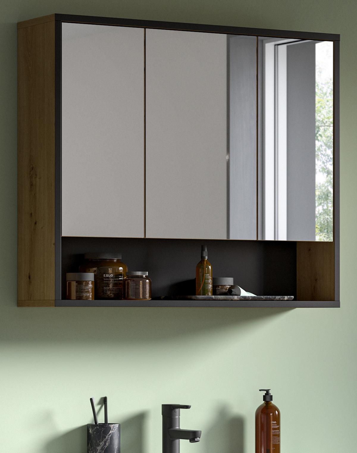 SPIEGELSCHRANK Eiche Artisan, schwarz 3-türig 80 cm, Badschrank mit Soft-Close - Eiche Artisan, Glas/Holzwerkstoff (80/68/19cm) - Inn.Furn