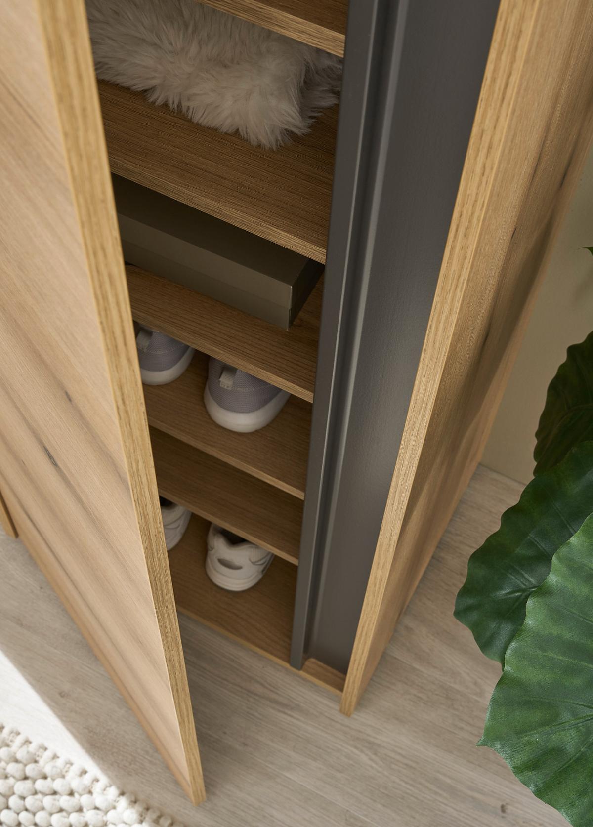 GARDEROBEN-SET Evoke Eiche, grau 6-teilig 260 cm, Garderobenkombination viel Stauraum - Eichefarben/Schwarz, Glas/Holzwerkstoff (260/200/40cm) - Furn.Design