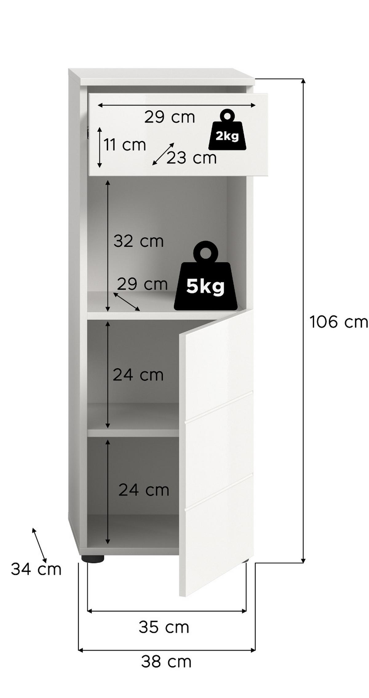 BADSCHRANK weiß Hochglanz 38 x 106 cm, Badezimmer Kommode mit Schubkasten - Weiß Hochglanz/Schwarz, Holzwerkstoff/Kunststoff (38/106/34cm) - Inn.Furn