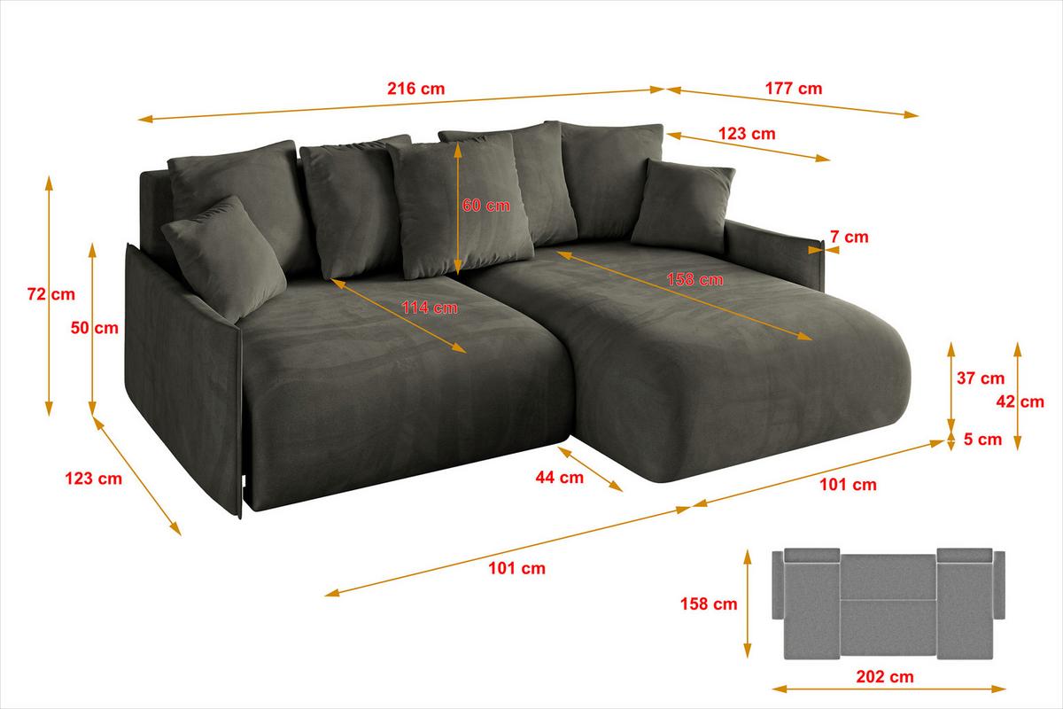 ECKSOFA Ottomane rechts ONESK-L -v1 216x177x72 Schwarz Velours - Schwarz, Holzwerkstoff/Kunststoff (177/216cm) - ALTDECOR