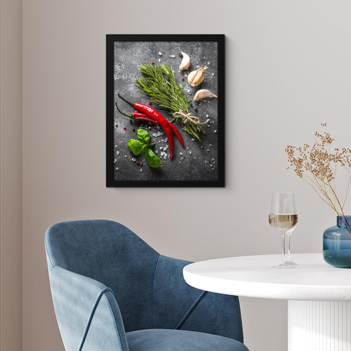 POSTER MIT RAHMEN Pfeffer - Kräuter - Gewürze - Beton Bilderrahmen 30x40 cm - Dunkelgrau, Papier (30/40cm) - MuchoWow