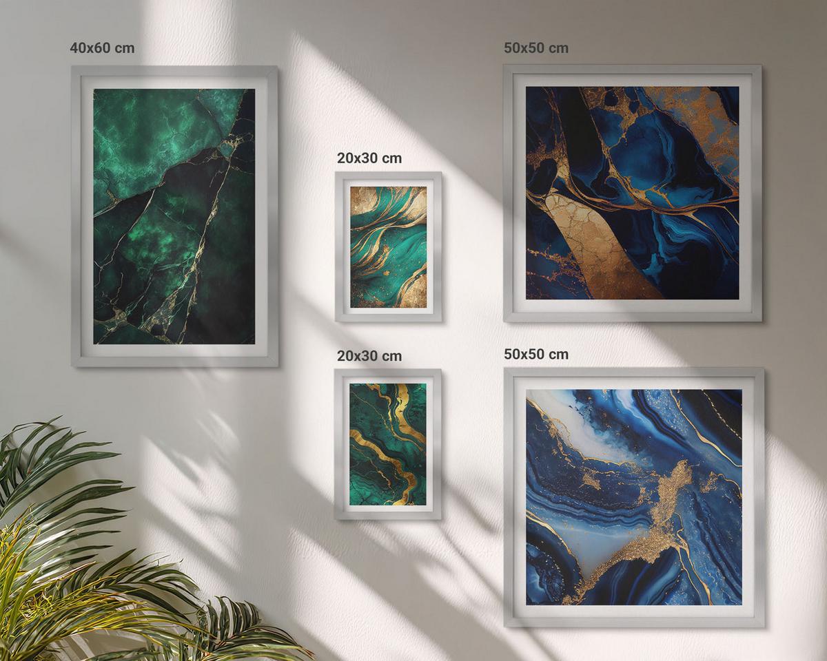BILDER SET 5er Set - 50x50 cm & 20x30 cm & 40x60 cm Silberner Rahmen - Blumen, heller Hintergrund, Marmormuster - Silberfarben, Kunststoff (40/60cm) - TULUP