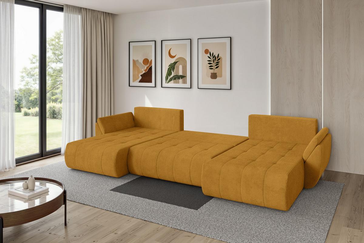 WOHNLANDSCHAFT mit Schlaffunktion und Bettkasten TOKO-U 378x194x86 Senfgelb Cord - Dunkelgelb/Schwarz, Holzwerkstoff/Kunststoff (378/86/194cm) - ALTDECOR