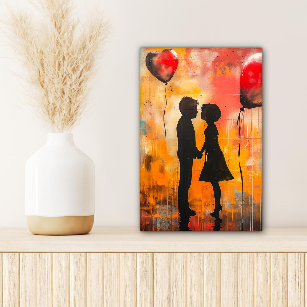 LEINWANDBILD Straßenkunst - Liebe - Graffiti - Kunst - Banksy Deko Wohnzimmer 20x30 cm - Orange, Textil (20/30cm) - MuchoWow