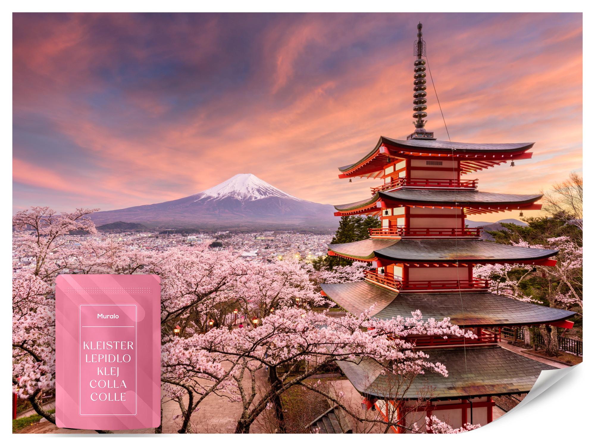 FOTOTAPETE Pagode Berg Fuji Sakura Landschaft 3D 100x70 - Rot/Violett, Papier (100/70cm) - Muralo