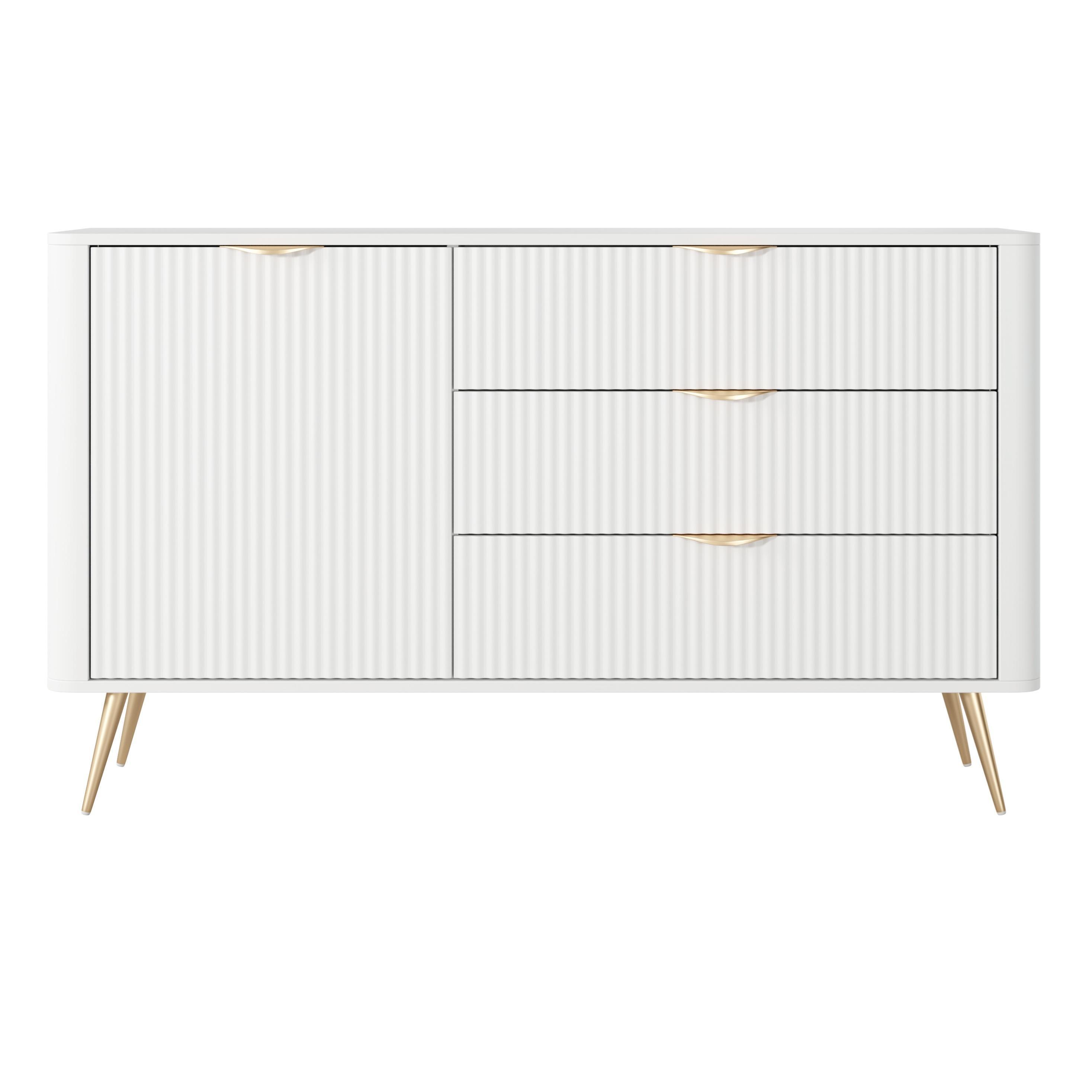 SIDEBOARD Vespasia 1T 3S Beige 138,2/81,2/38 cm – Geriffelte Fronten - Goldfarben/Weiß, Holzwerkstoff/Metall (138.2/81.2/38cm) - AX Living