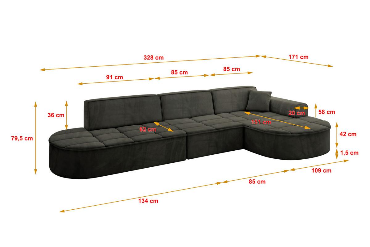 ECKSOFA Ottomane Rechts TARO-L2 - 328x171x79,5 cm Schwarz - Schwarz, Holzwerkstoff/Textil (328/171cm) - ALTDECOR