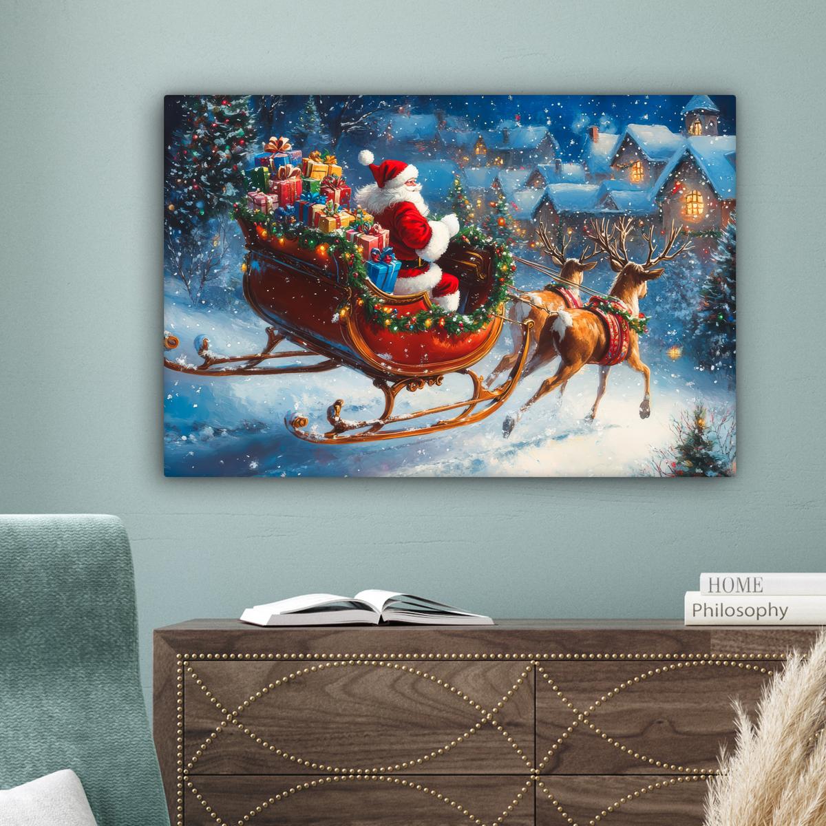 LEINWANDBILD Weihnachtsmann - Rentier - Weihnachten - Schnee Gemälde 60x40 cm - Cognac, Textil (60/40cm) - MuchoWow