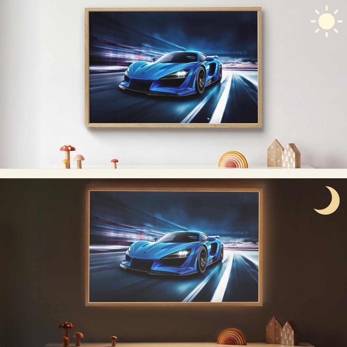 WANDLEUCHTE MIT AKKU Auto - Blau - Jungen - Kind 100x70 cm - Blau, Holzwerkstoff (100/70/8cm) - OnlyWow
