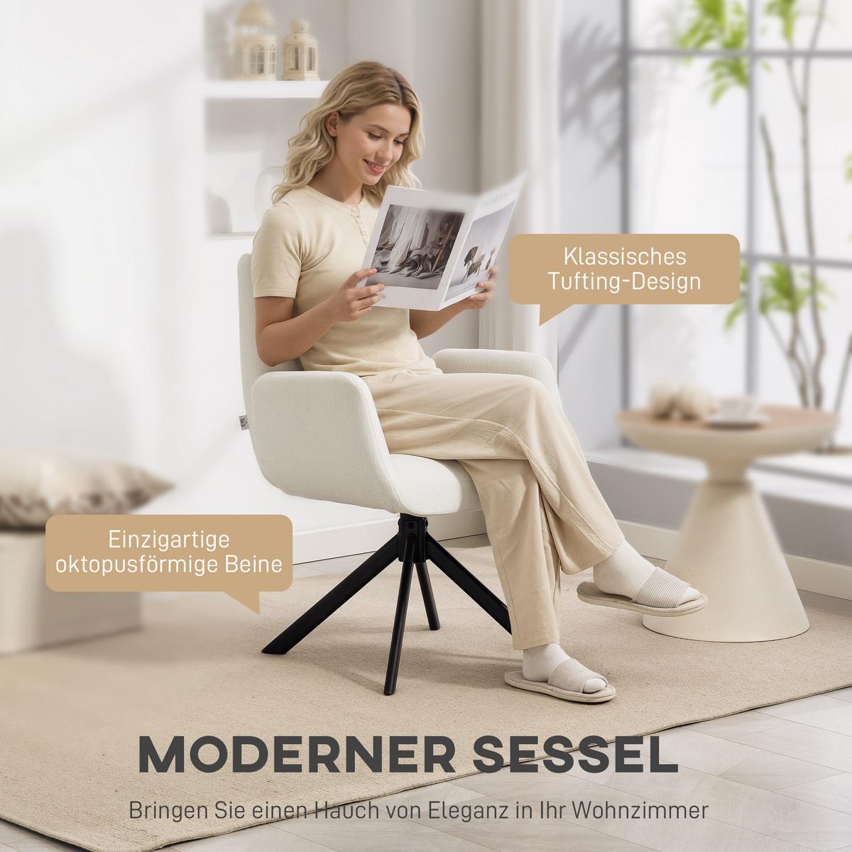 SESSEL Drehbar Loungesessel mit Armlehne Wolle-Leinenoptik Cremeweiß - Creme/Schwarz, Textil/Metall (61/88/60cm) - HOMCOM