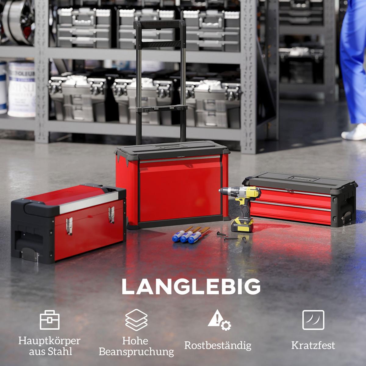 WERKSTATTWAGEN inkl. Koffer Werkzeugwagen leer mit 3 modularen Einheiten - Rot, Metall (32/72/52cm) - HOMCOM