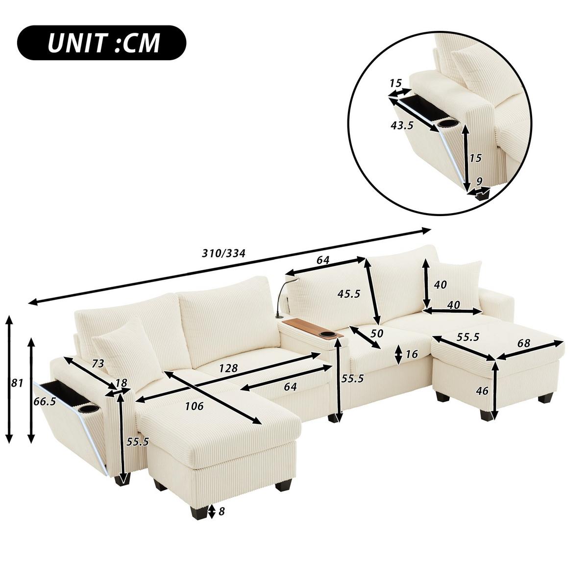 ECKSOFA aus Cord in Beige mit LED Beleuchtung & smarten USB-Anschlüssen - Beige, Textil (128/334cm) - Urban Meuble