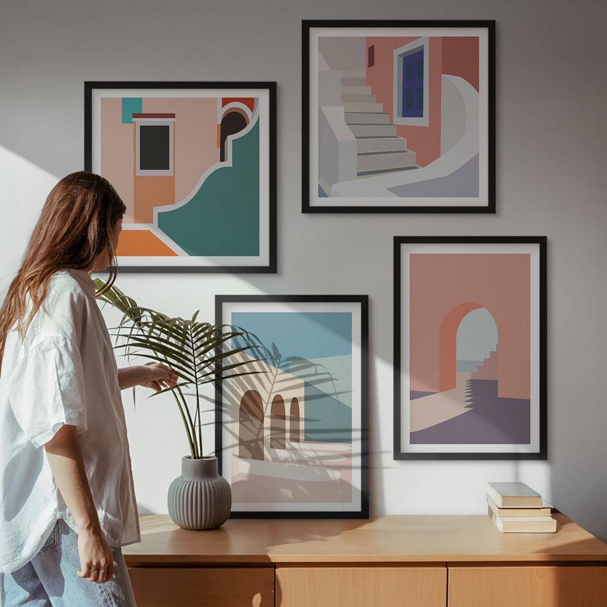BILDER SET 4er Set - 50x50 cm & 40x60 cm Schwarzer Rahmen - Minimalistische Pastellgrafiken - Schwarz, Kunststoff (50/50cm) - TULUP