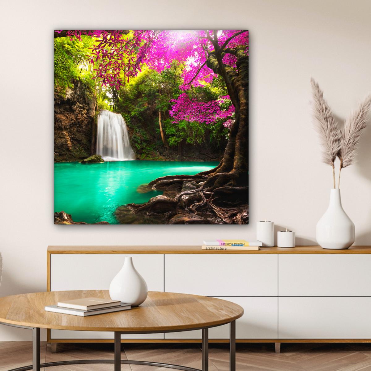 LEINWANDBILD Wasserfall mit bunten Blumen und Bäumen - Natur - Dschungel Deko Groß 90x90 cm - Waldgrün, Textil (90/90cm) - MuchoWow