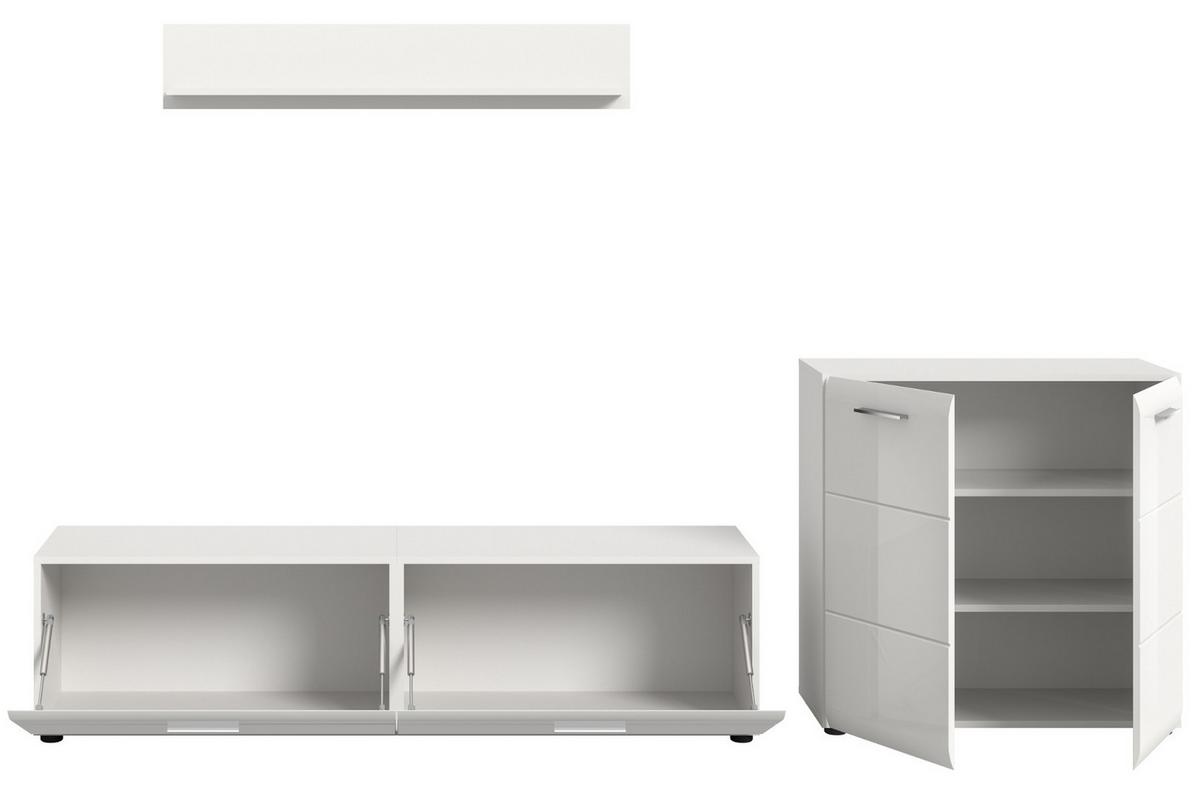 WOHNWAND weiß Hochglanz 3-teilig 255 cm, Schrankwand modernes Design - Weiß Hochglanz/Silberfarben, Glas/Holzwerkstoff (255/160/41cm) - Inn.Furn