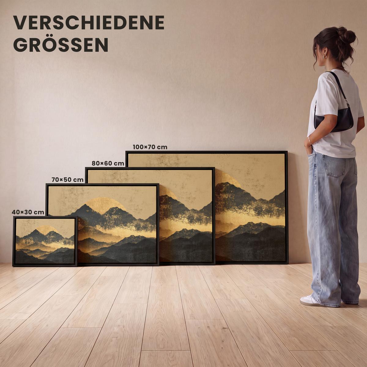 LEINWAND Bilder mit Rahmen - Goldene Berge bei Mondschein - 80x60 - Goldfarben, Textil (80/60cm) - MuchoWow