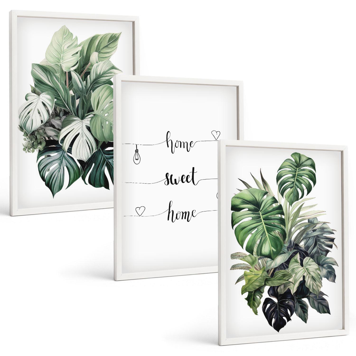 BILDER SET 3er Set - 40x60 cm Weißer Rahmen - Aquarell-Monstera-Blätter - Weiß, Kunststoff (40/60cm) - TULUP