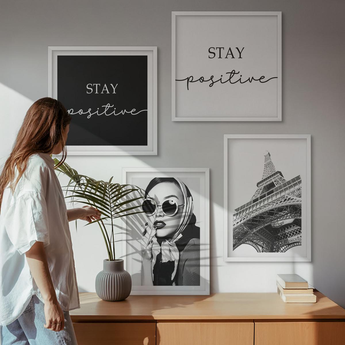 BILDER SET 4er Set - 50x50 cm & 40x60 cm Weißer Rahmen - Porträts, Eiffelturm-Slogans - Weiß, Kunststoff (50/50cm) - TULUP