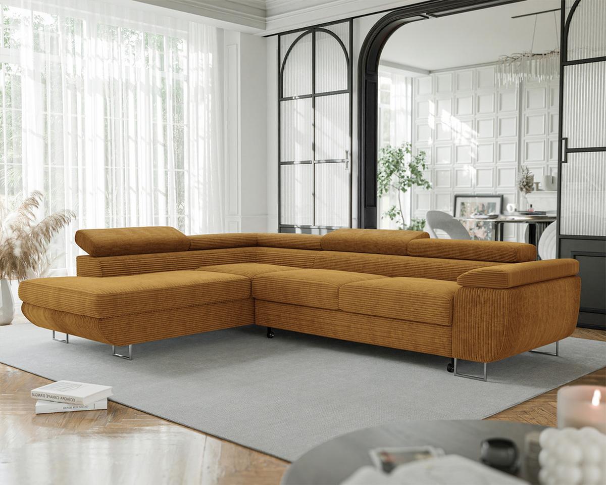 ECKSOFA ANTON links, mit Schlaffunktion und Bettkasten Senfgelb - Currygelb/Chromfarben, Textil/Metall (274/203cm) - Idohome