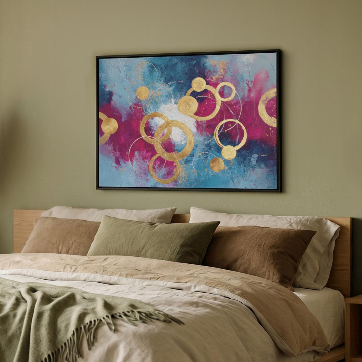 LEINWAND Bilder mit Rahmen - Kreise - Gold - Abstrakt - 80x60 - Blau, Textil (80/60cm) - MuchoWow