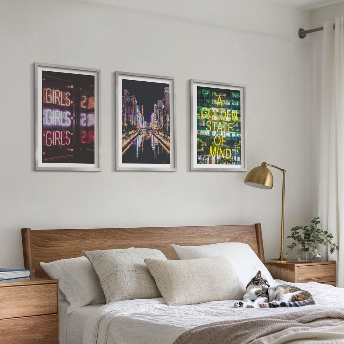 BILDER SET 3er Set - 40x60 cm Silberner Rahmen - Neonlichter am Fluss bei Nacht - Silberfarben, Kunststoff (40/60cm) - TULUP