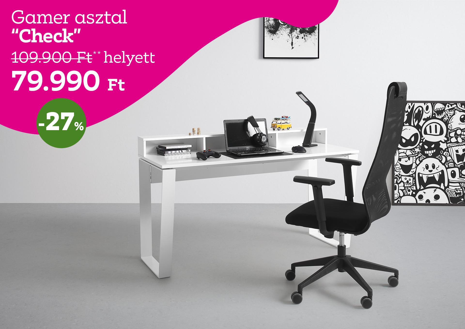gamer asztal CHECK 109900 Forint helyett 79990 Forint, kedvezmény mértéke 27%