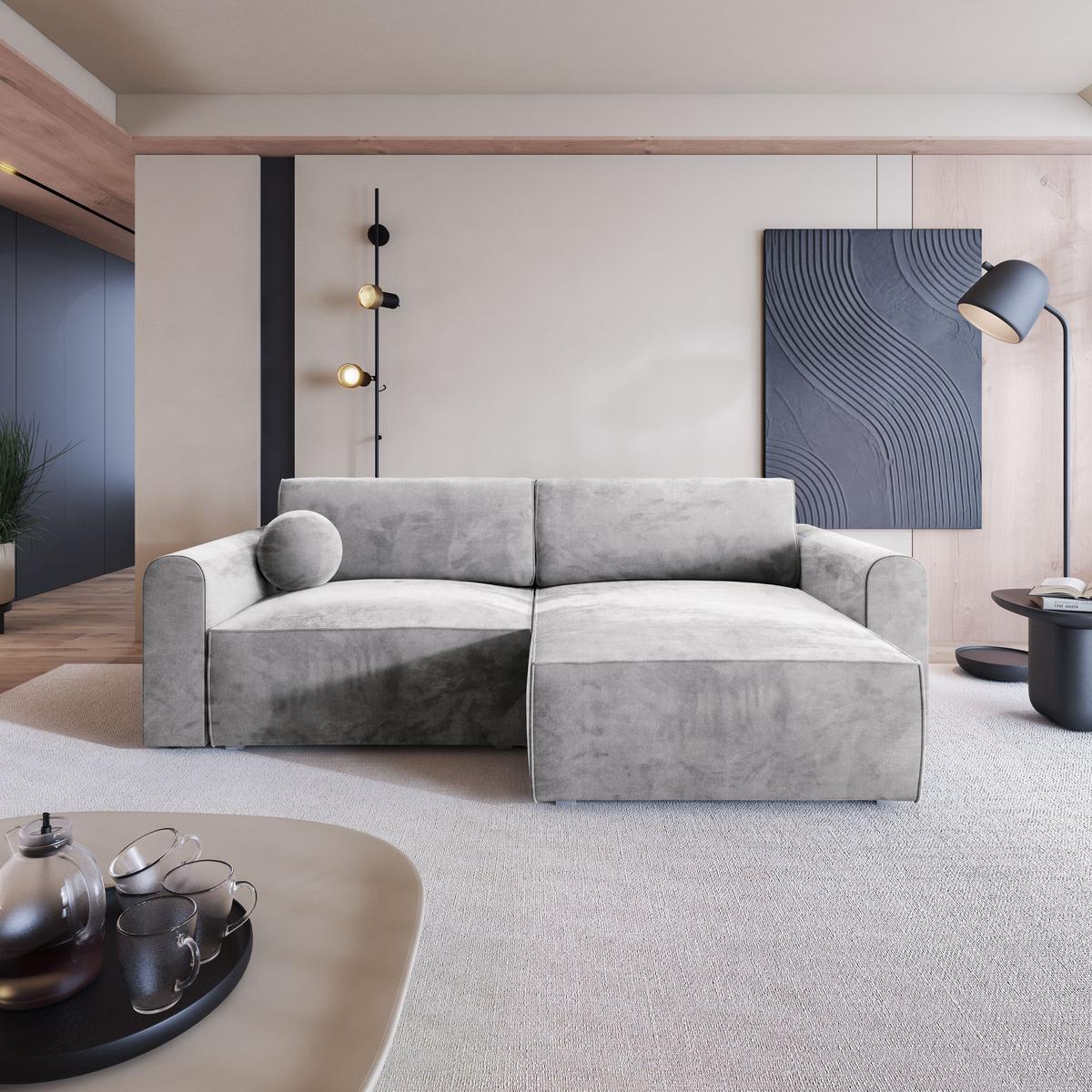 ECKSOFA FIANO M Hellgrau Velours-Stoff mit Schlaffunktion - Hellgrau/Grau, Holz/Kunststoff (245/148cm) - MASSENO