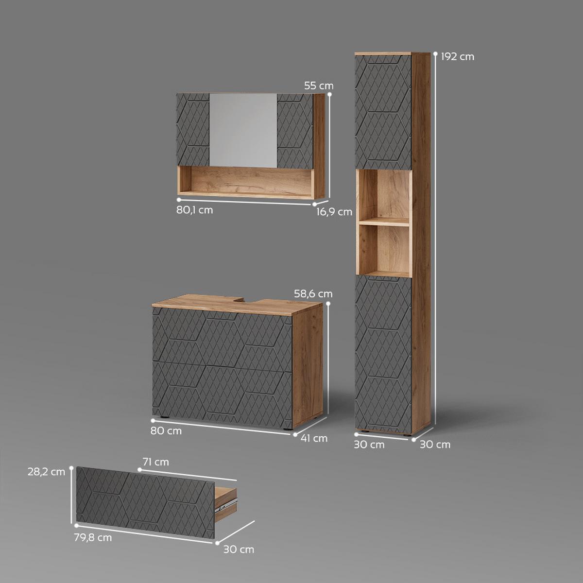 BADMÖBEL-SET Ronco Anthrazit mit Wabenstruktur 3 Teile, mit Spiegelschrank 80 cm - Anthrazit, Holzwerkstoff (80/58/41cm) - Livinity®
