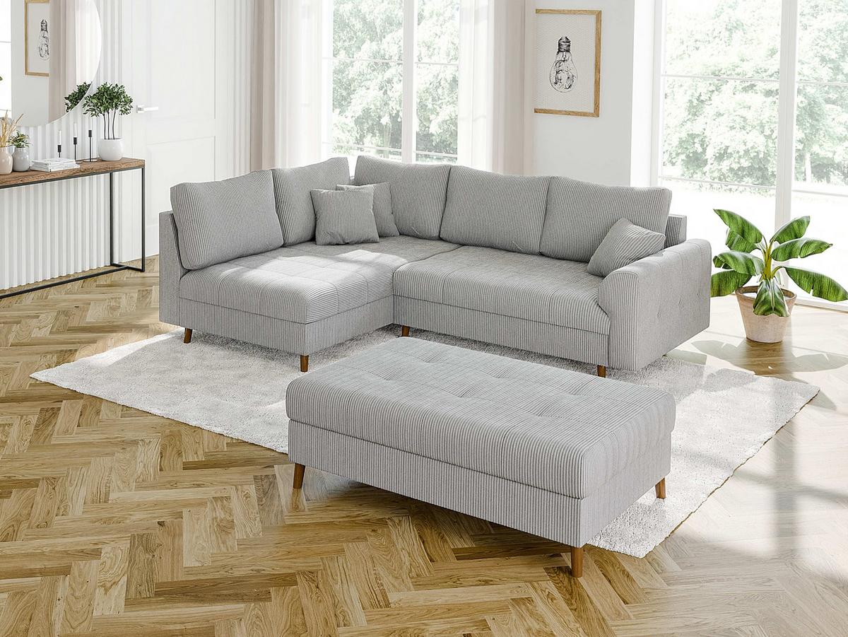 ECKSOFA inkl. Hocker Alma Hellgrau Cord - Ottomane links - Hellgrau/Braun, Holz/Textil (231/161cm) - S-Style Möbel