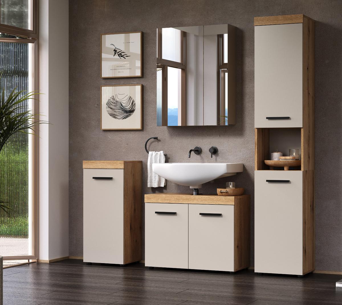 BADMÖBEL-SET Kaschmir, Evoke Eiche 4-teilig 164 x 184 cm, Badkombination in modernem Design - Kaschmir/Eichefarben, Glas/Holzwerkstoff (164/184/34cm) - Top.Furn