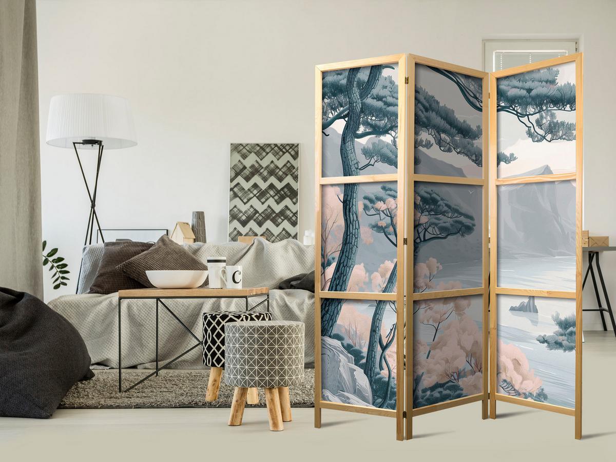 PARAVENT Japanischer 3-tlg 135x172 cm Berg Landschaft - Grau, Holz/Textil (135/172/3cm) - Muralo