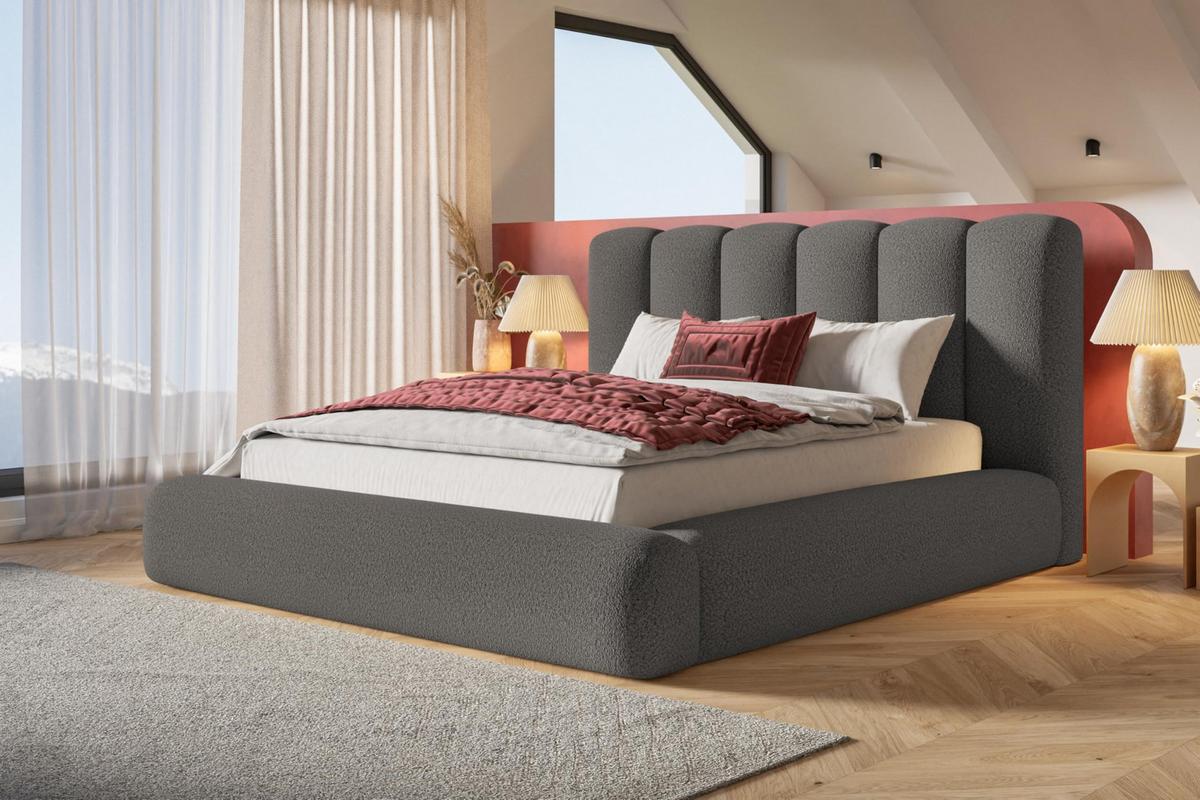 BETT 140x200 - Polsterbett mit Bettkasten und Holzrahmen - Modern Bett - Eleganter Catch Me-Stoff - Kollektion Alva Maxi - Grau - Grau, Holz/Textil (140/200cm) - Alpi-Möbel